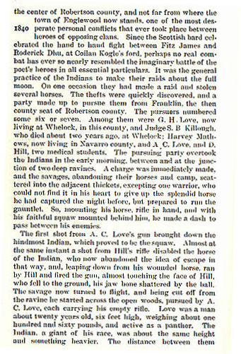 A. C. Love's Hand to Hand Fight story from the book Indian Depredations in Texas by J. W. Wilbarger