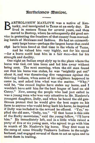 Bartholomew Manlove story from the book Indian Depredations in Texas by J. W. Wilbarger