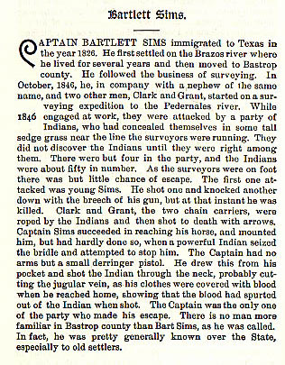 Bartlett Sims story from the book Indian Depredations in Texas by J. W. Wilbarger