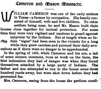 Cameron and Mason Masacre story from the book Indian Depredations in Texas by J. W. Wilbarger