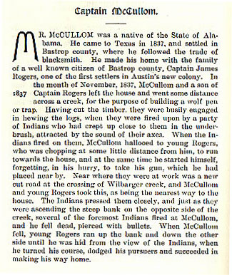 Captain McCullom story from the book Indian Depredations in Texas by J. W. Wilbarger