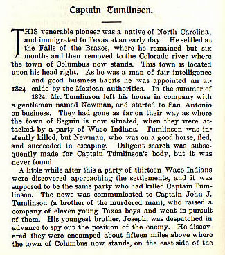 Captain Tumlinson story from the book Indian Depredations in Texas by J. W. Wilbarger