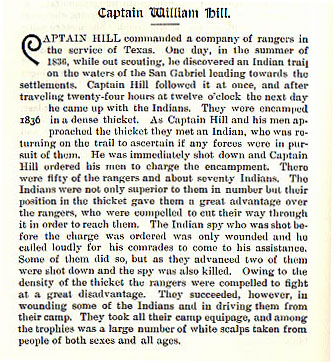 Captain William Hill story from the book Indian Depredations in Texas by J. W. Wilbarger