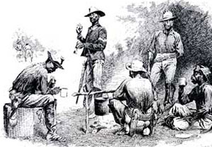 A Campfire Sketch, line drawing by Frederic Remington
