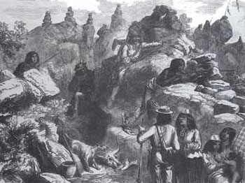 Picture of Modoc Indians in the lava beds awaiting the attack