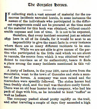 The Gonzales Horses story from the book Indian Depredations in Texas by J. W. Wilbarger