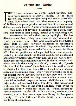 Griffith and White story from the book Indian Depredations in Texas by J. W. Wilbarger