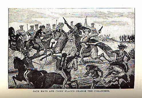 Jack Hays and Chief Flacco Charge the Comanches picture from the book Indian Depredations in Texas by J. W. Wilbarger
