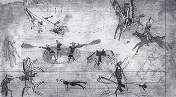 Picture of nineteenth-century Kiowa ledger drawing depicting the Buffalo Wallow Fight