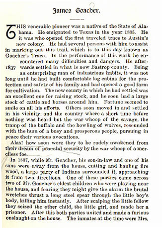 James Goacher story from the book Indian Depredations in Texas by J. W. Wilbarger