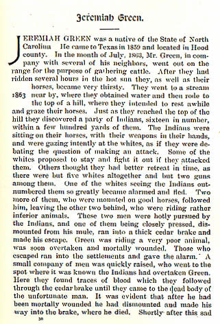 Jeremiah Green story from the book Indian Depredations in Texas by J. W. Wilbarger