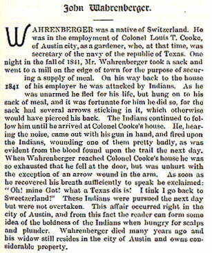 John Wahrenberger story from the book Indian Depredations in Texas by J. W. Wilbarger
