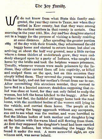 The Joy Family story from the book Indian Depredations in Texas by J. W. Wilbarger