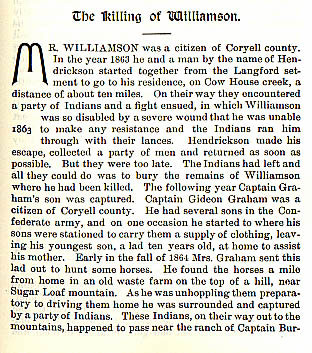 The Killling of Williamson story from the book Indian Depredations in Texas by J. W. Wilbarger