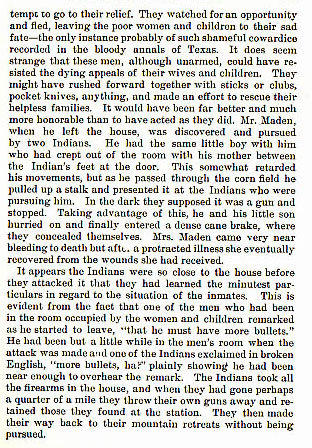 The Maden Masacre story from the book Indian Depredations in Texas by J. W. Wilbarger