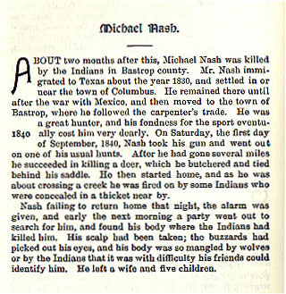 Michael Nash story from the book Indian Depredations in Texas by J. W. Wilbarger