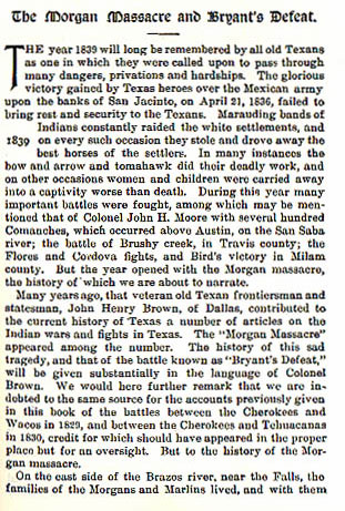The Morgan Massacre and Bryant's Defeat story from the book Indian Depredations in Texas by J. W. Wilbarger
