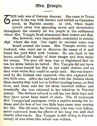 Mrs. Yeargin story from the book Indian Depredations in Texas by J. W. Wilbarger