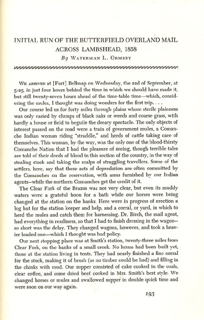 Waterman Ormsby's Butterfield Overland Mail Story