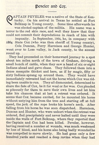 Peveler and Cox story from the book Indian Depredations in Texas by J. W. Wilbarger