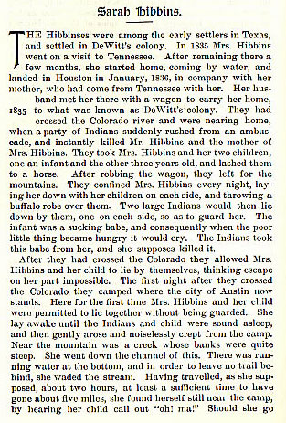 Sarah Hibbins story from the book Indian Depredations in Texas by J. W. Wilbarger