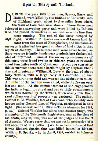 Sparks, Barry and Holland story from the book Indian Depredations in Texas by J. W. Wilbarger