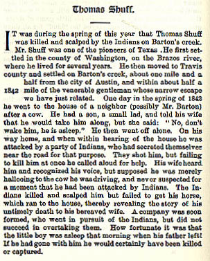 Thomas Schuff story from the book Indian Depredations in Texas by J. W. Wilbarger