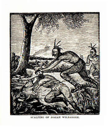 Picture of Josiah Wilbarger Scalping from the book Indian Depredations in Texas by J. W. Wilbarger