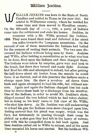 Willliam Jenkins story from the book Indian Depredations in Texas by J. W. Wilbarger