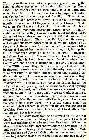 Williams and Haggett Murdered at Reuben Hornsby's story from the book Indian Depredations in Texas by J. W. Wilbarger