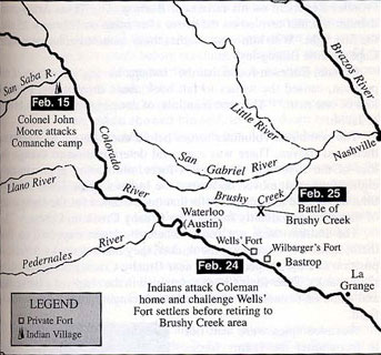Map of February 1839 Battle Areas of Colonel Moore's Comanche Raid and the Battle of Brushy Creek