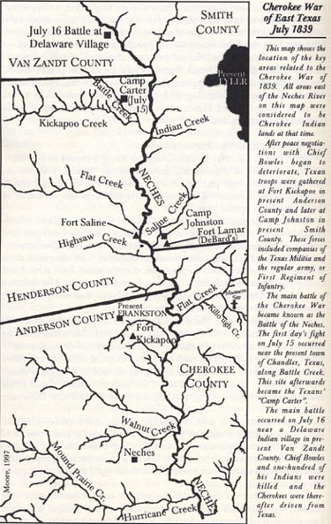 Cherokee War of East Texas July 1839 Map