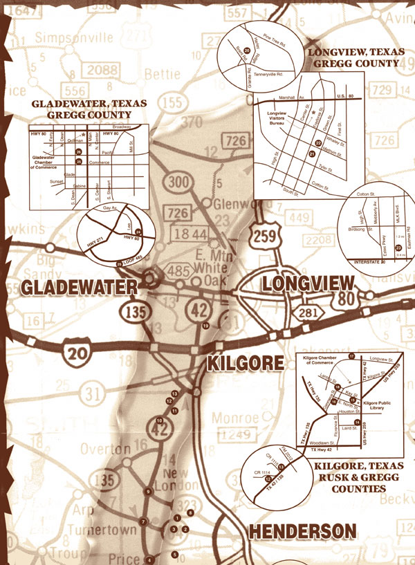 Map of Gladewater, Henderson, Rusk, Kilgore, Longview