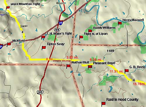 Ward Mountain to Granbury Map