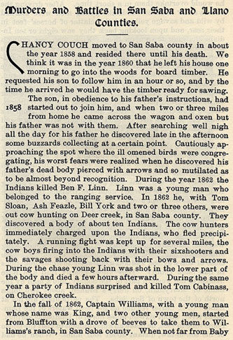 Murders and Battles in San Saba and Llano Counties story from the book Indian Depredations in Texas by J. W. Wilbarger